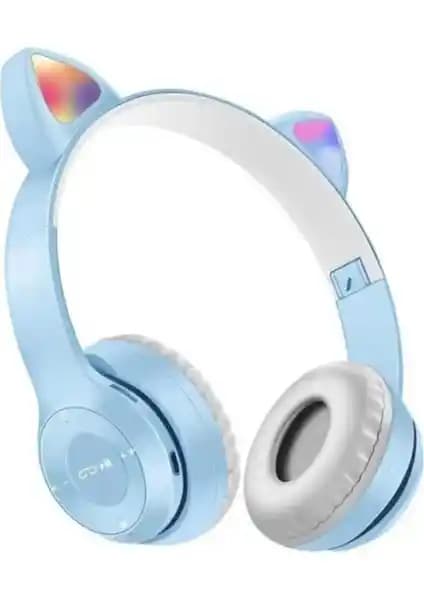 Gül İletişim P47M Bluetooth LED Işıklı Kedi Tasarımlı Katlanabilir Kulaklık Mavi