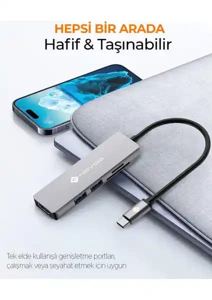 Novoo Type-C Çoklu Bağlantı Hub'ı: 4K HDMI, USB ve Kart Okuyucu Özellikleriyle