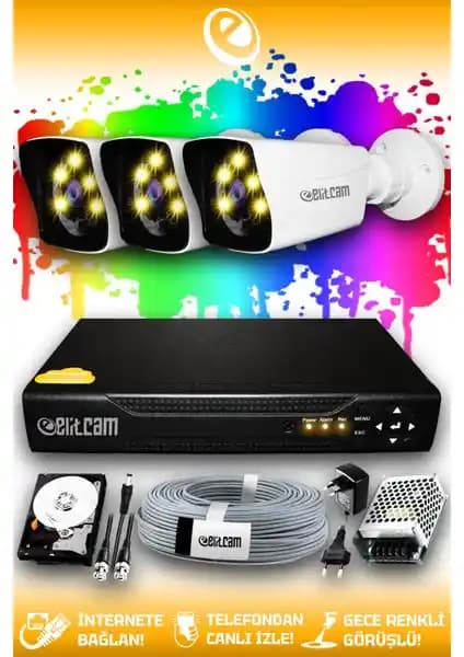 Elitcam 3 Kameralı Kare Dış Kamera Seti, 4-kanallı DVR ve 320 GB HDD ile dış mekan güvenliği sağlar