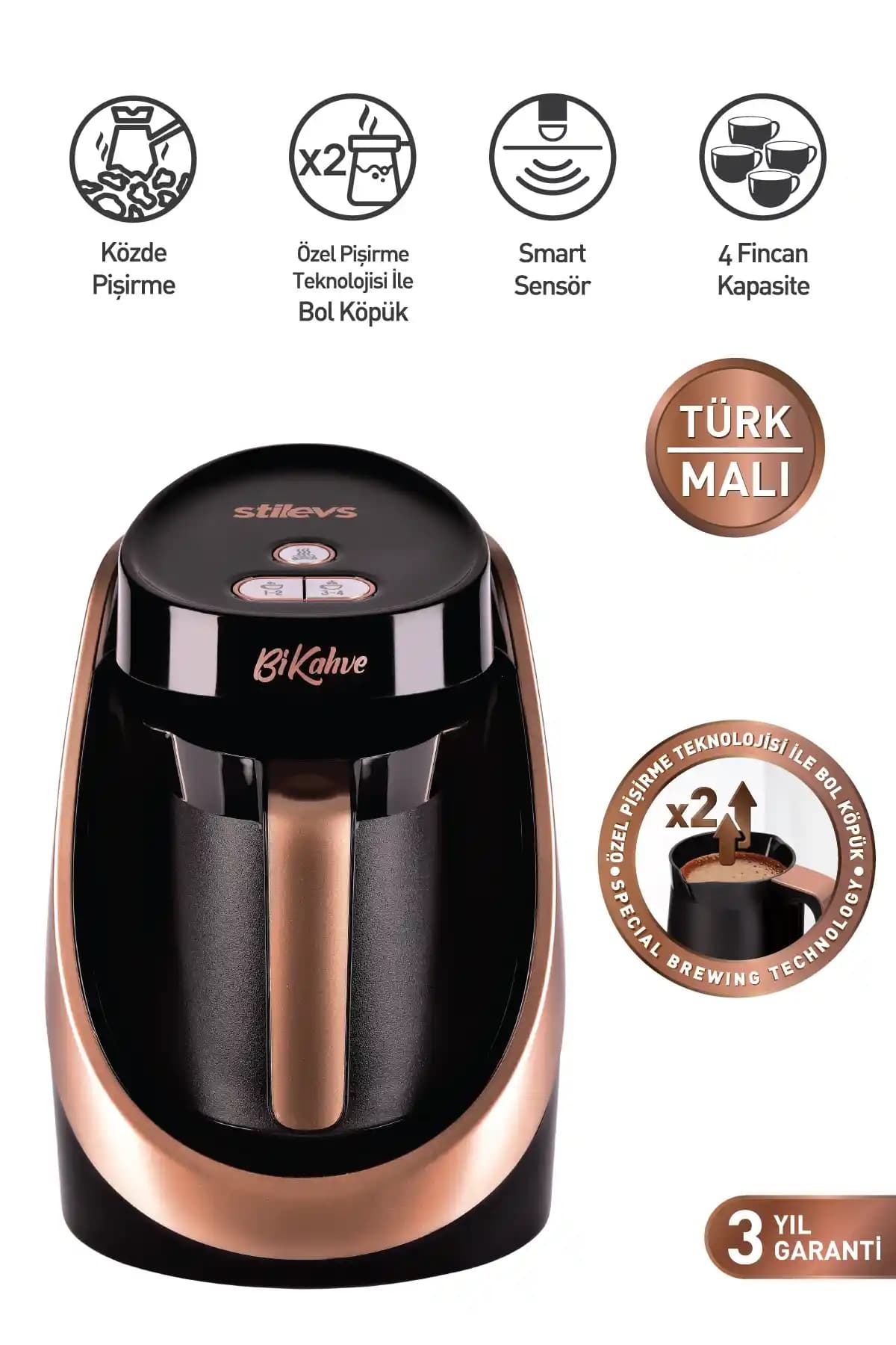 Stilevs Bikahve Otomatik Türk Kahvesi Makinesi - Bakır 4 Fincan Kapasite Otomatik Kapanma