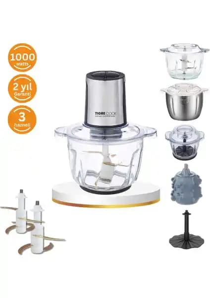 Tigrecook Instantchopper 1000 Pro: Çok hazneli mutfak robotu, 1000W güç ve cam ile çelik hazneler