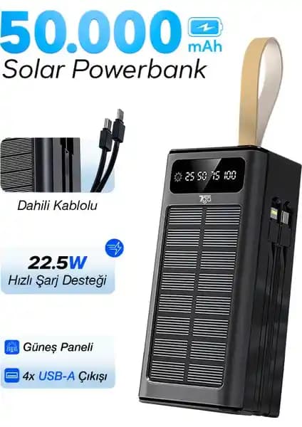 7Go Gpw-01 Güneş Enerjili 50.000 mAh Taşınabilir Güç Kaynağı ve Hızlı Şarj Özellikleri