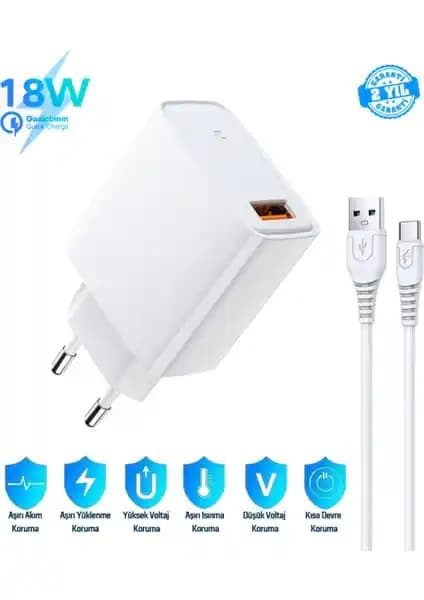 Oppo A16 Uyumlu 18W Type-C Hızlı Şarj Cihazı ve Şarj Aleti Seti