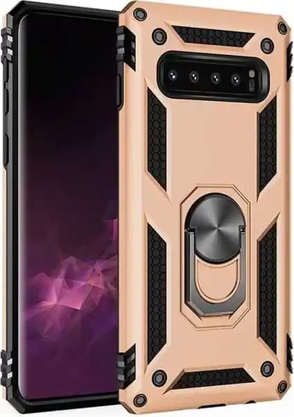Samsung Galaxy S10 Plus için Çift Katmanlı Manyetik Yüzüklü Altın Kapaklı Kılıf