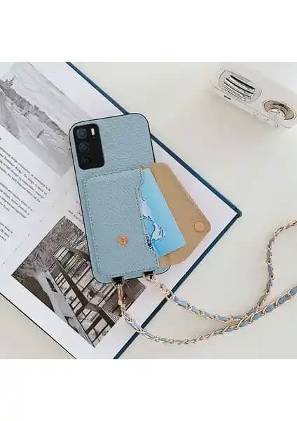 Zebana Oppo A16 Açık Mavi Deri Askılı Kılıf Şıklık ve Koruma Bir Arada