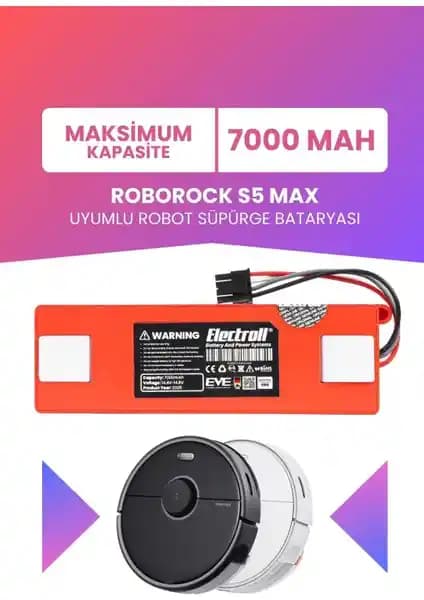 Electroll Roborock S5 Max Uyumlu 7000mAh Batarya ile Uzun Süreli Performans Artışı