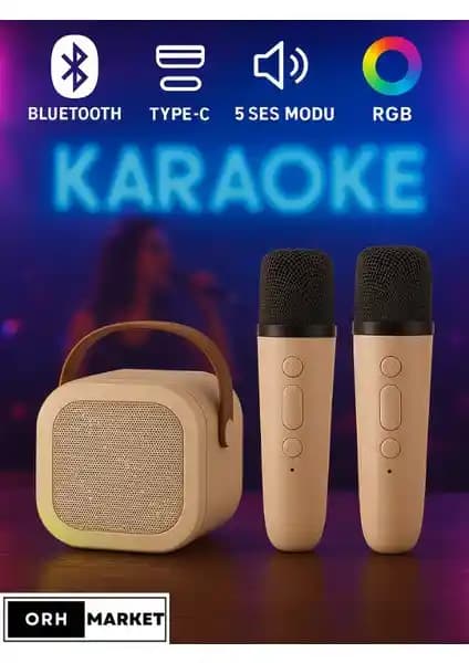 ORH MARKET Çift Mikrofonlu Kablosuz Bluetooth Karaoke RGB Işıklı Parti Hoparlörü