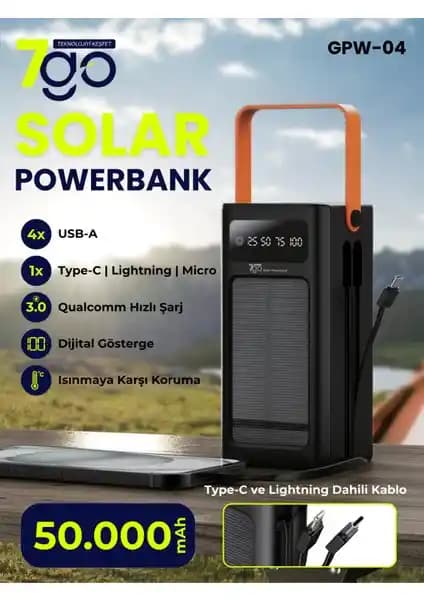 7Go Gpw-04 50.000mAh Solar Powerbank: Yüksek Kapasiteli Taşınabilir Enerji Çözümü