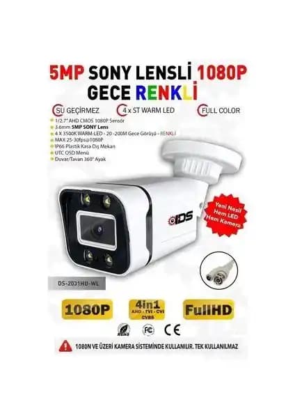 IDS Gece Renkli 5MP Lens 1080P Full HD Ahd Güvenlik Kamerası Dış ve İç Mekan Kullanımı İçin