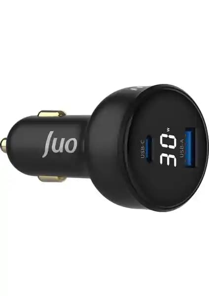 Juo 30W LED Ekranlı Type-C ve USB-A Araç Şarj Cihazı Güvenli ve Hızlı Şarj Çözümü