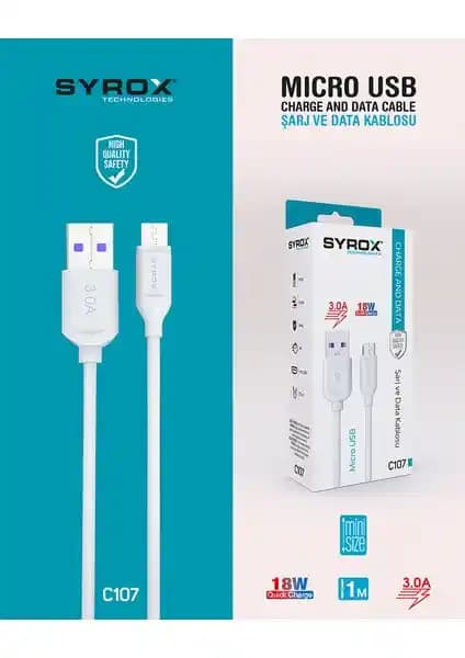 Syrox C107 Micro USB Hızlı Şarj ve Veri Kablosu Güç ve Güvenilirlik Bir Arada