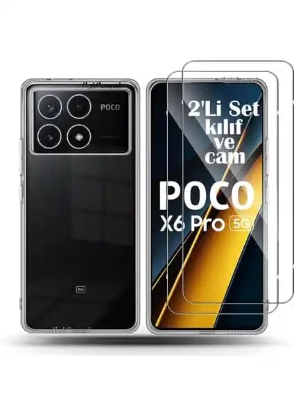 Xiaomi Poco X6 Pro için Şeffaf Silikon Kılıf ve Temperli Cam Ekran Koruyucu Seti