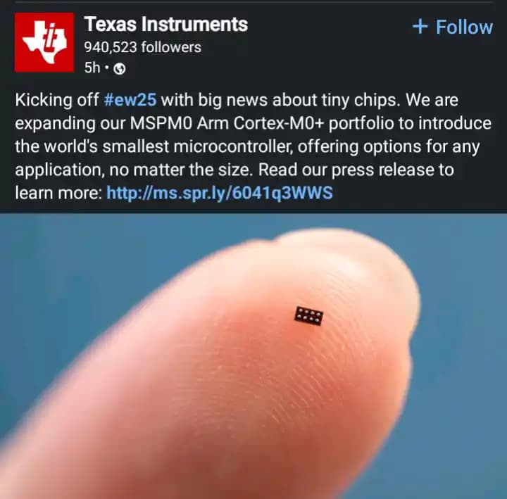 Texas Instruments'ın Dünyanın En Küçük Mikrodenetleyicisi: 1.6 x 0.861 mm Boyutlarında Yenilik