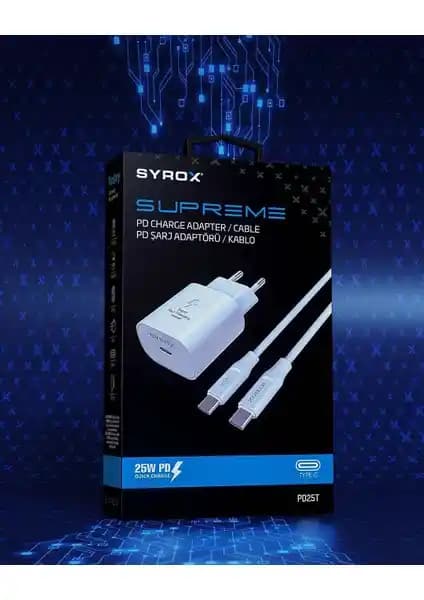 Syrox Samsung Galaxy Tab S9 FE Uyumlu 25W Hızlı Şarj Adaptörü ve Kablo Seti