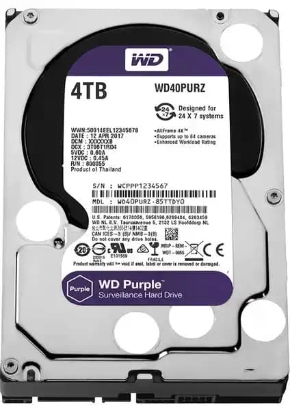 WD Purple 4TB 3,5 İnç SATA III Güvenlik Diski Güvenlik Sistemleri İçin Yüksek Kapasiteli Depolama
