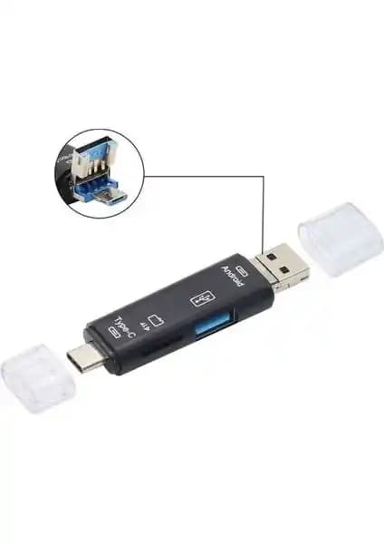 Alfais 5068 Otg 3in1 Type-C ve Micro USB TF Çevirici Dönüştürücü Kart Okuyucu