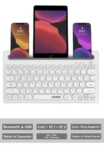 Everest KB-BT84 Beyaz/Gri Bluetooth Kablosuz Klavye: Modern ve Kullanışlı Tasarım