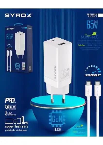 Syrox GAN65 Type-C ve USB Girişli Hızlı Şarj Seti Güç ve Performansı Bir Arada Sunar