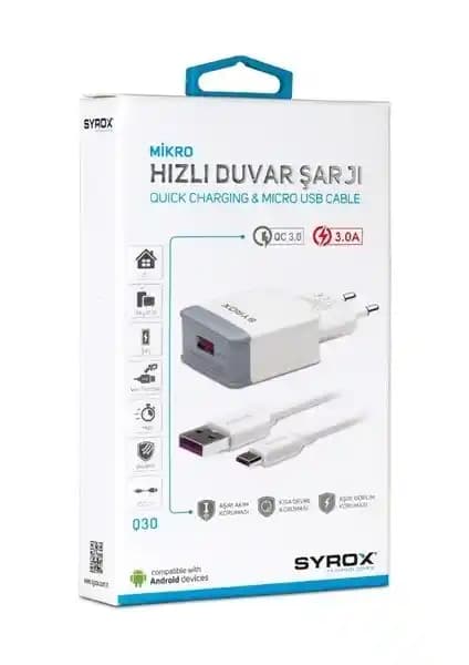 Syrox Micro USB 3.0 Amper Hızlı Şarj Aleti Güç ve Güvenlik Özellikleriyle Mobil Cihazlar İçin