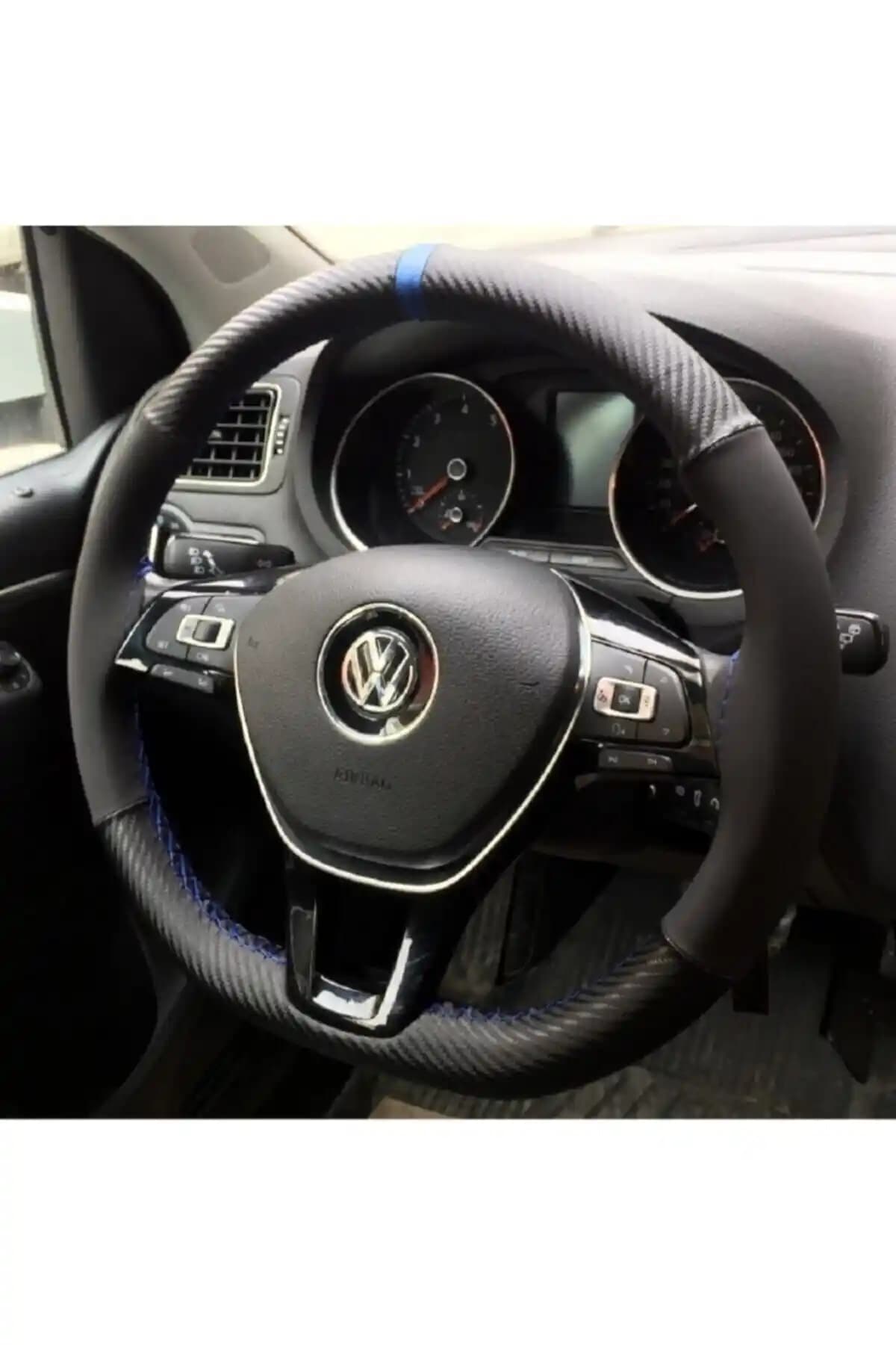 Özgüven Oto Giyim Karbon Alkantra Direksiyon Kılıfı Mavi Dikişli, 38 cm