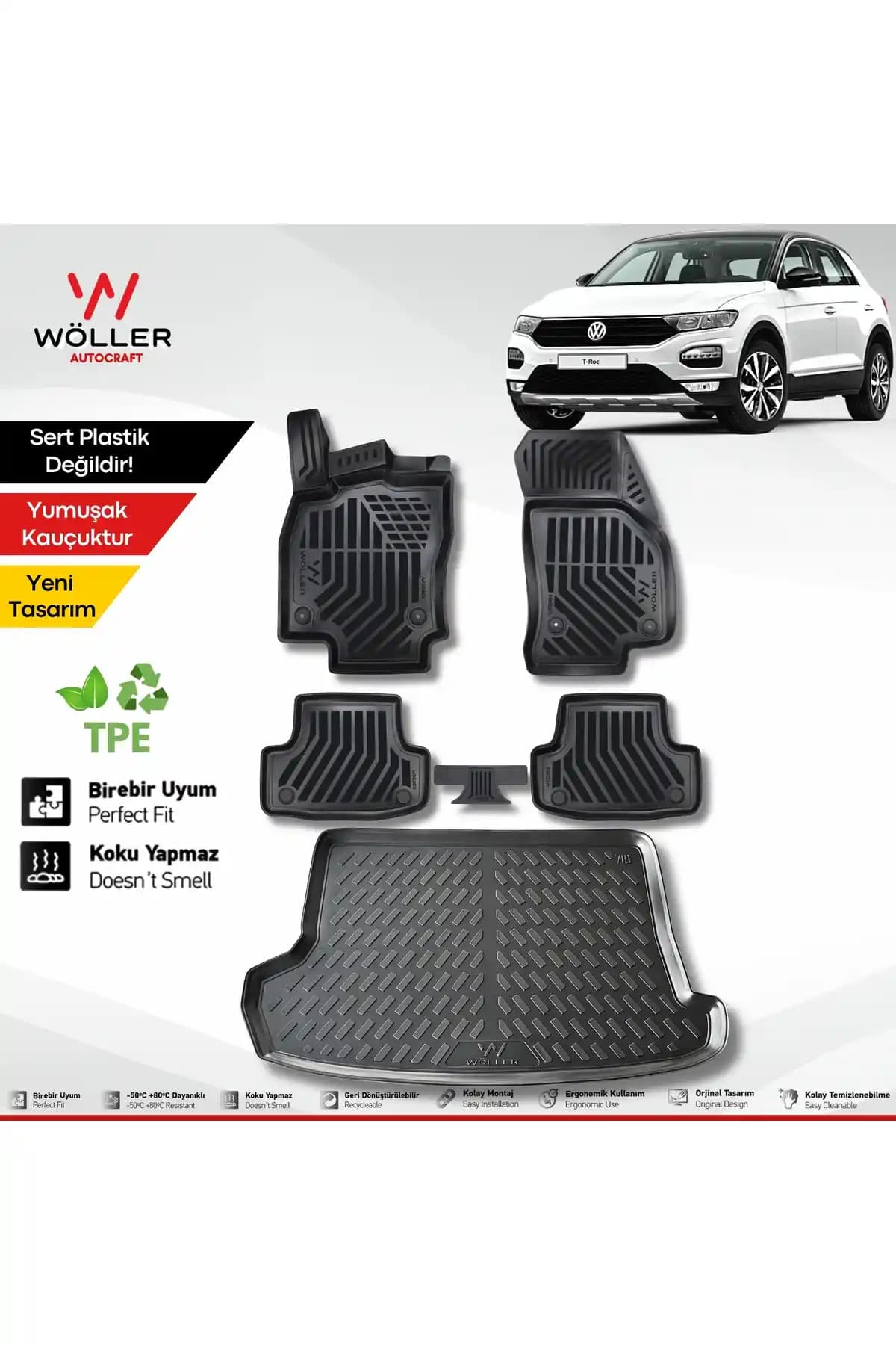 Wöller 3D Ultraflex Volkswagen T-Roc Bagaj Havuzu 2016-2025 Uyumlu Kauçuk Paspas Seti