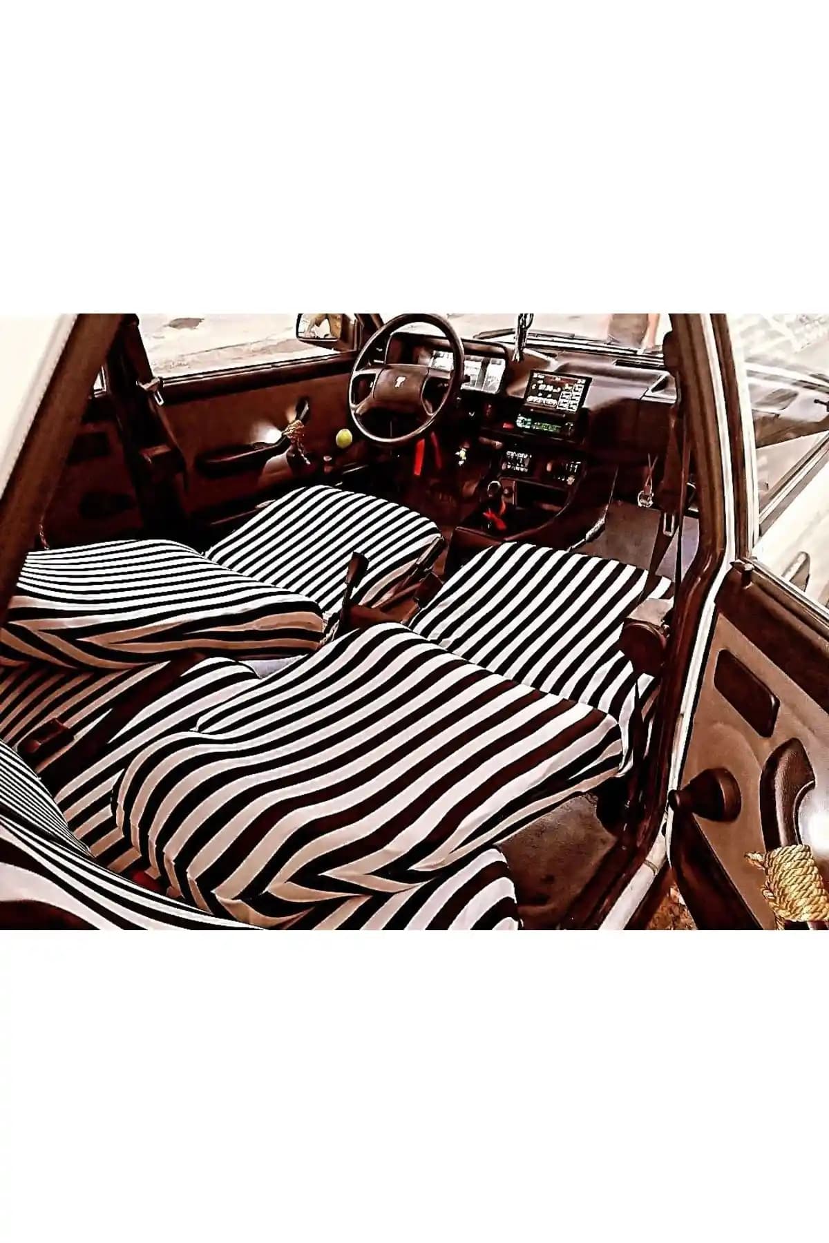 Zifona Çizgili Zebra Desenli Universal Koltuk Kılıfı Siyah Beyaz Tasarım