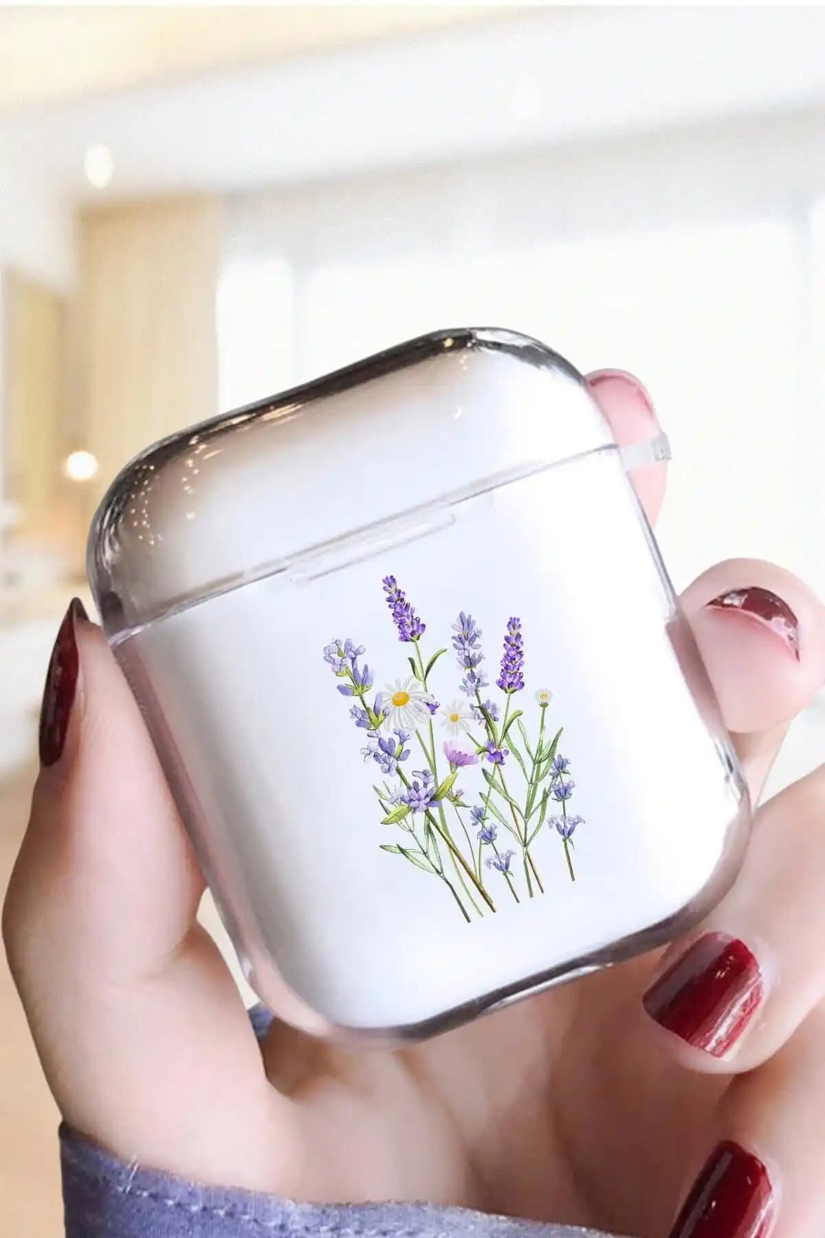 Lavanta Desenli Şeffaf Silikon Kablosuz Kulaklık Kılıfı Apple AirPods 2. Nesil Uyumlu